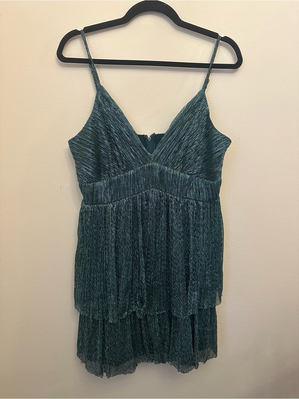 Trixxi XL Teal Metallic Pleated Tier Mini Dress V Neck Party Cocktail Homecoming